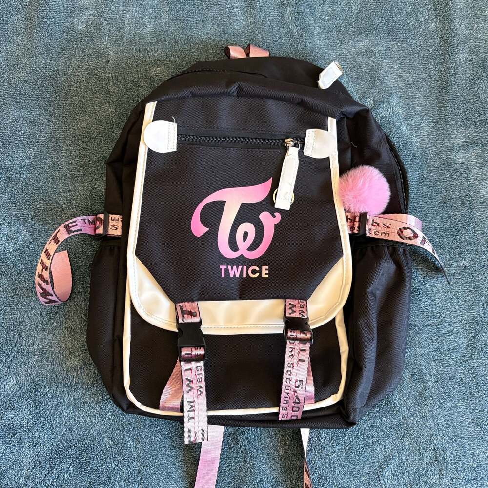 Twice K-Pop USB Charging Port Laptop School Backpack with Pom Pom Keychain